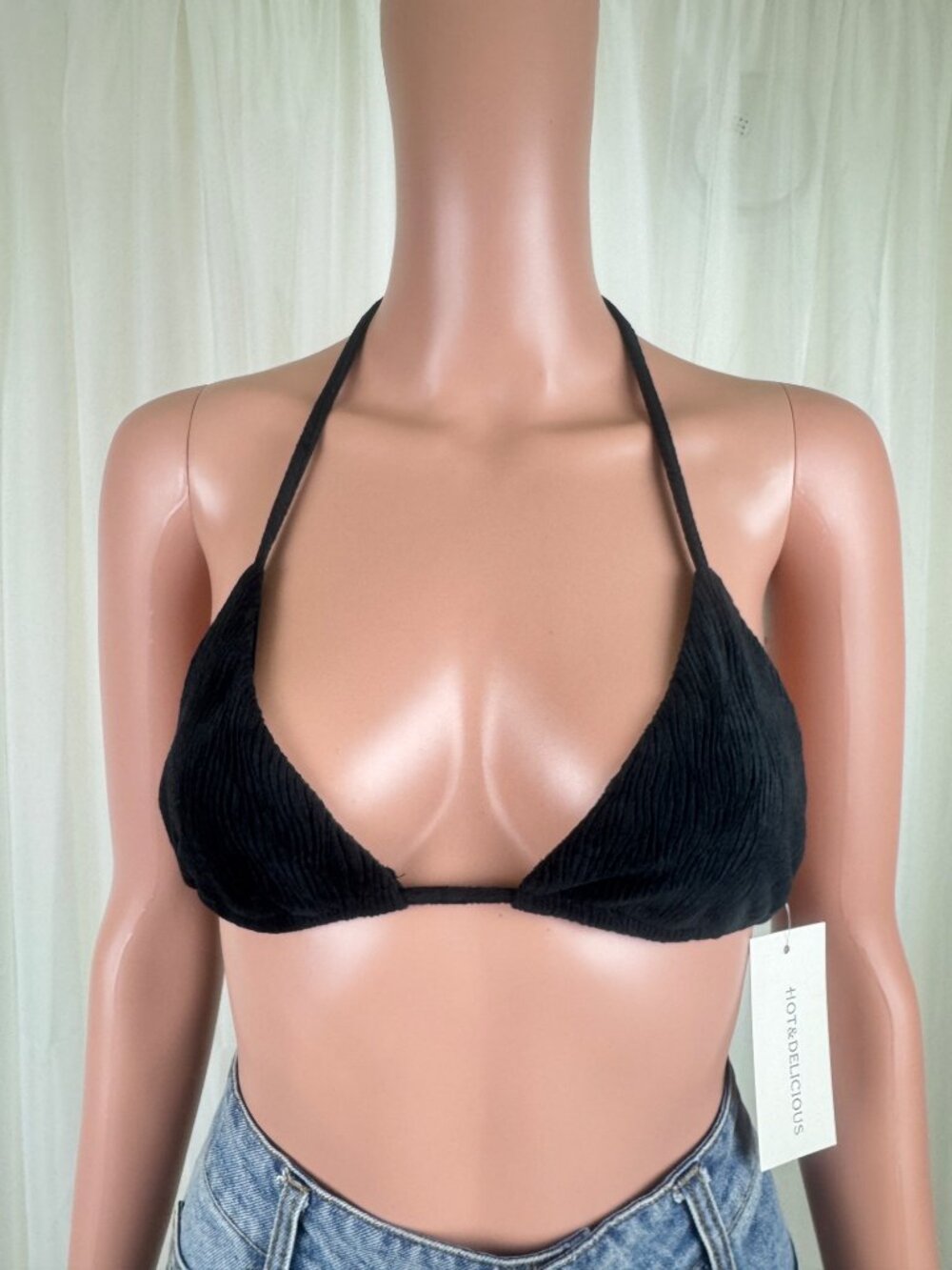 Women's Hot & Delicious Black Corduroy Triangle Bra Bikini Top Size Large Black